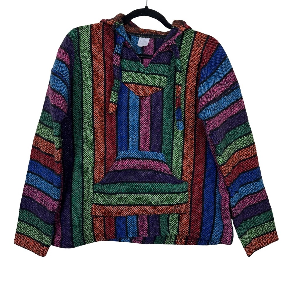 Cotton Rainbow Baja Striped Hooded Hoodie Pull On Sweatshirt Unisex Large